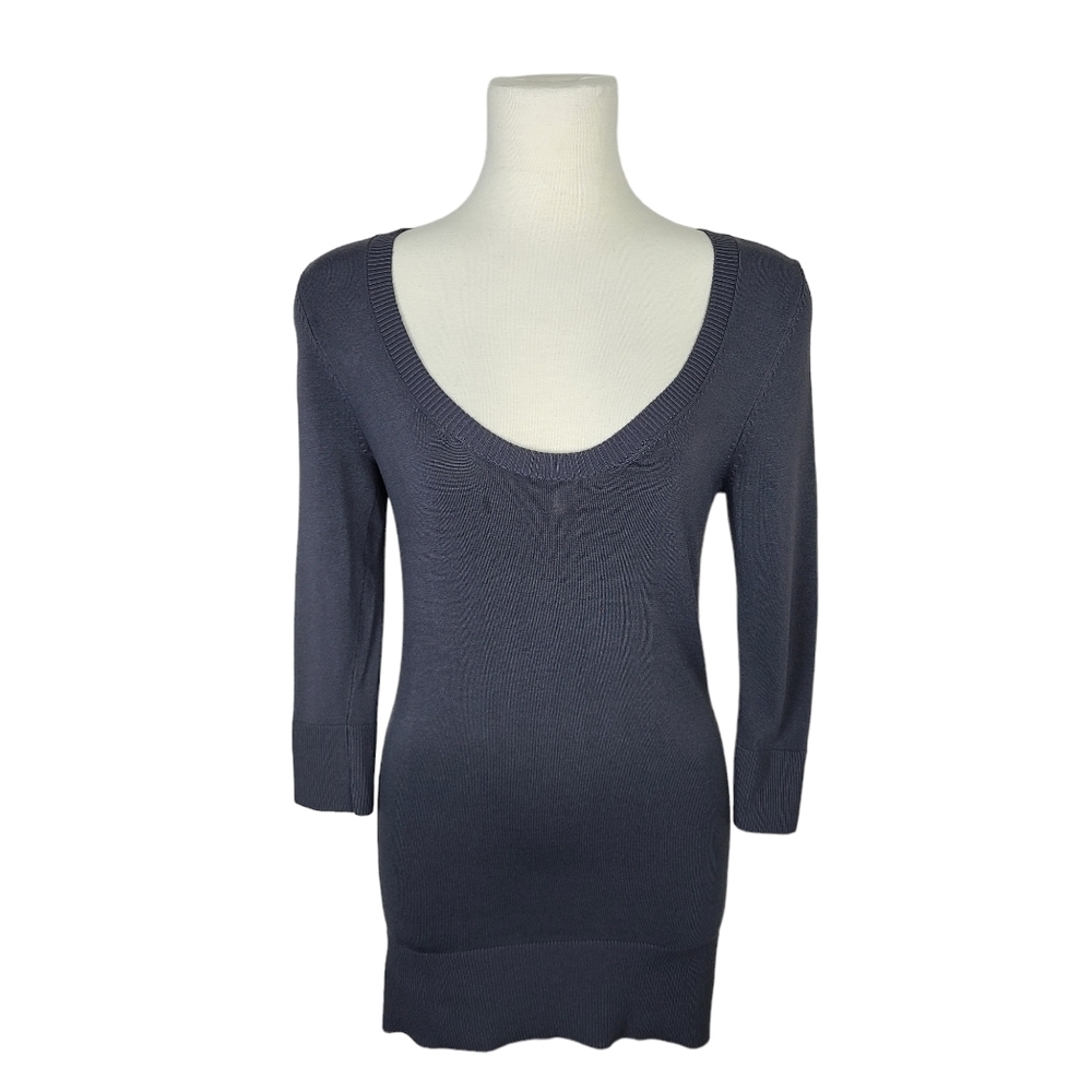 Smart Set Gray 3/4 Sleeve Deep Scoop Neck Fine Knit Long Sweater Medium